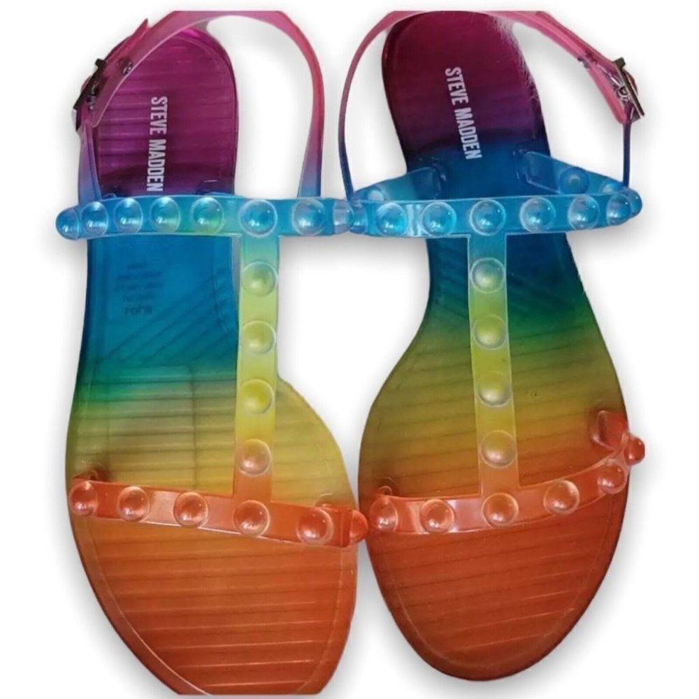 Steve Madden Rainbow Lolie Jelly Sandal Strap‎ Open Toe Stud Y2K Flats